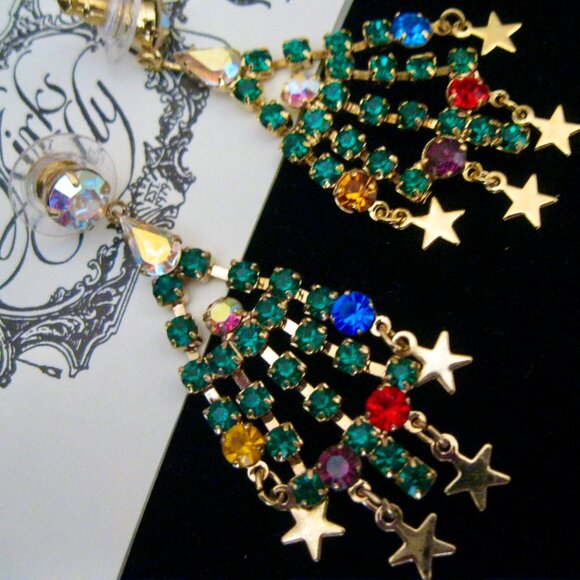 KIRKS FOLLY VERY RARE W/WONDERFUL COLORS/SPARKLES HOLIDAY TREE PIERCED EARRINGS - Picture 3 of 6